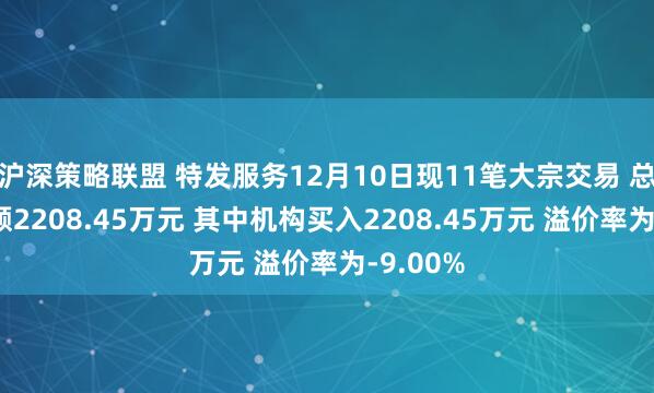 沪深策略联盟 特发服务12月10日现11笔大宗交易 总成交金额2208.45万元 其中机构买入2208.45万元 溢价率为-9.00%